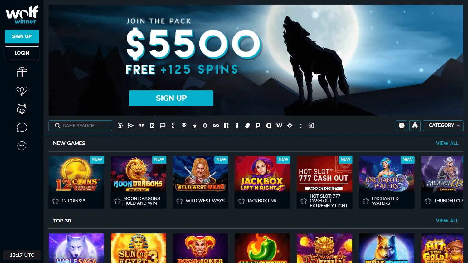 Wolf Winner Casino desktop home screen for Australian players