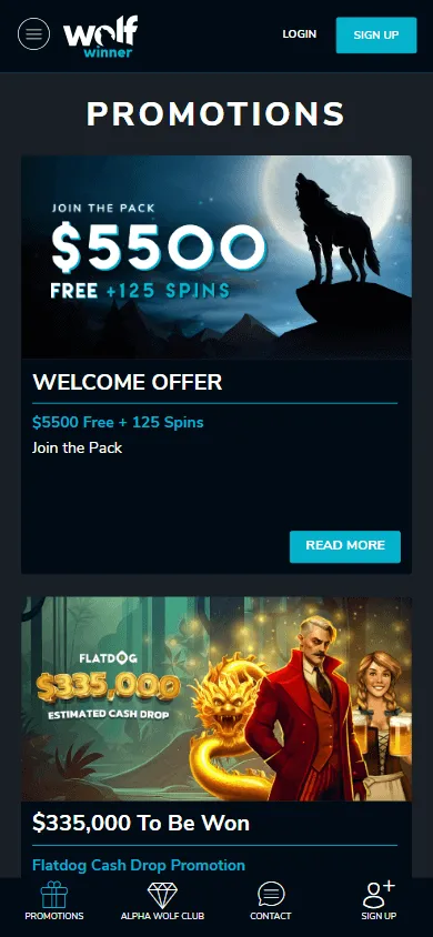 Wolf Winner Casino mobile promotions screen showing available offers