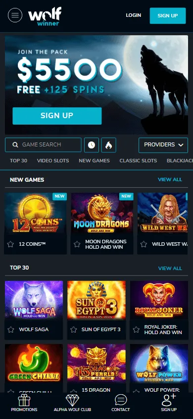 Wolf Winner Casino mobile home screen on a browser