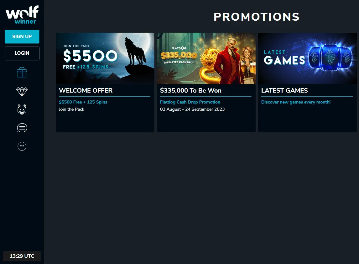 Wolf Winner Casino desktop promotions screen showing bonus offers